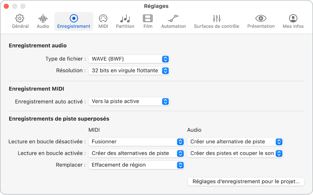 Figure. Réglages d’enregistrement.