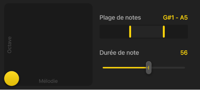 Figure. Pad XY et d’autres réglages de note pour le Synth Bass Player.