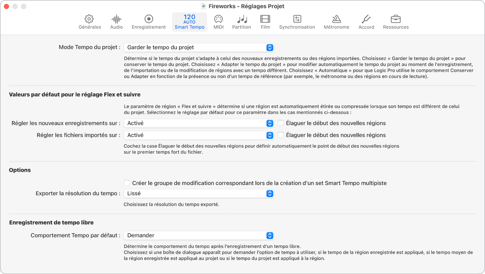 Figure. Réglages Smart Tempo du projet.