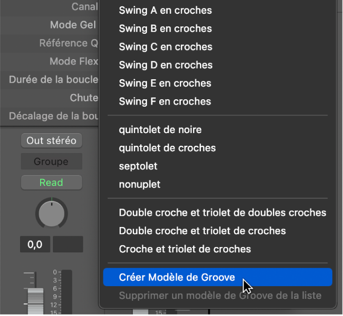 Figure. Option « Créer un modèle de Groove » sélectionnée dans le menu local Quantifier.
