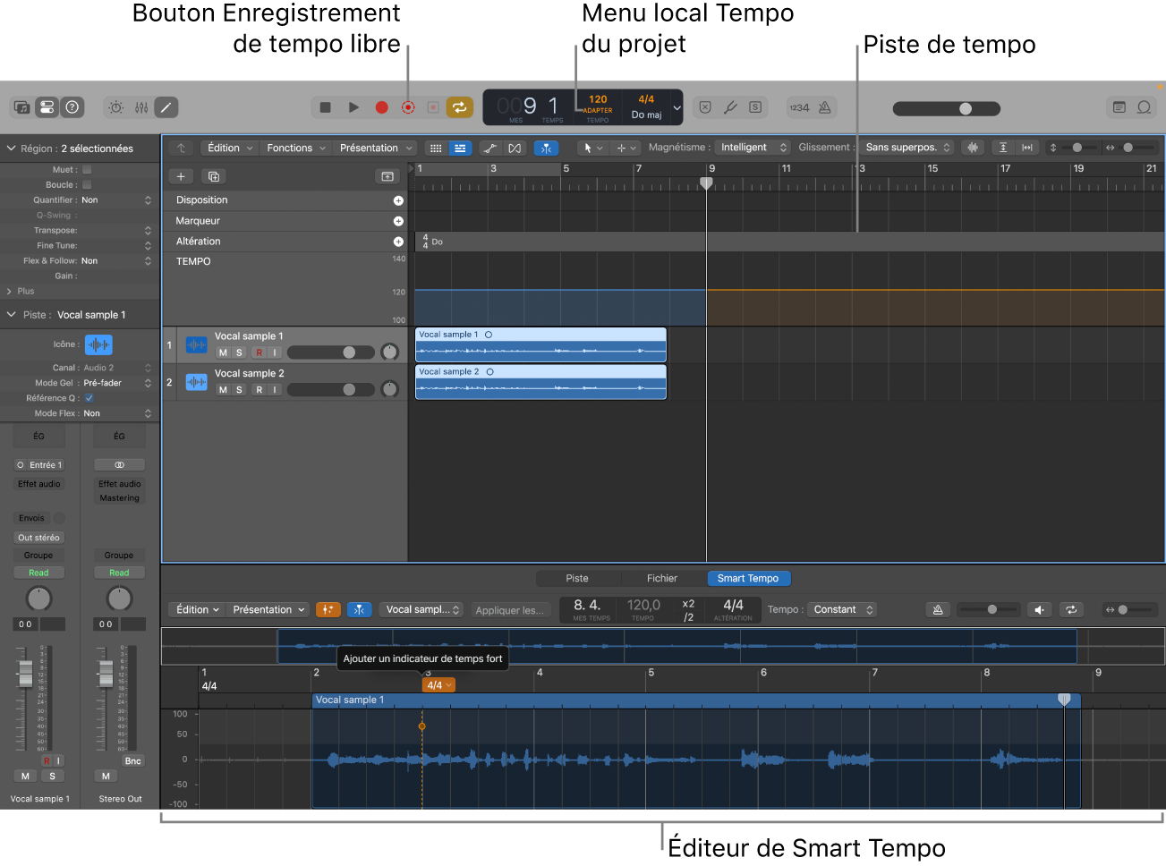 Figure. Projet montrant l’enregistrement, le mode Adapter choisi, les changements de tempo dans la piste du tempo et l’éditeur de Smart Tempo ouvert.