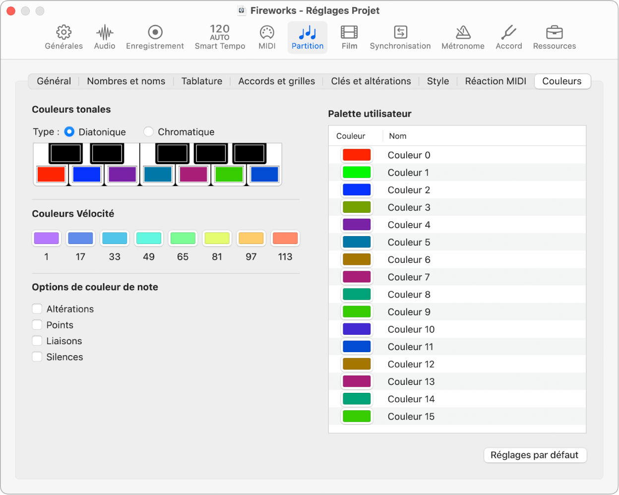 Figure. Réglages Couleurs du projet.