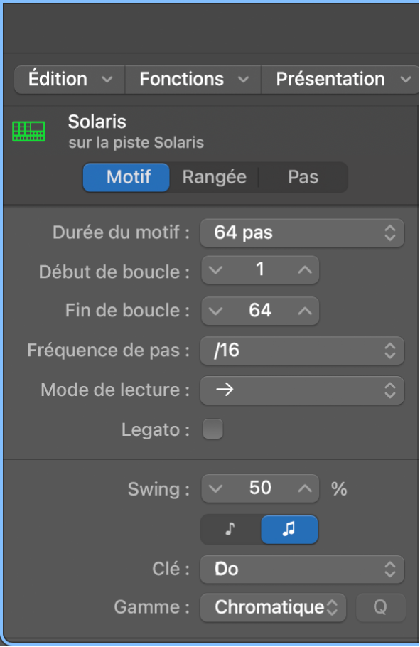 Inspecteur local du séquenceur pas à pas affichant les réglages du motif.