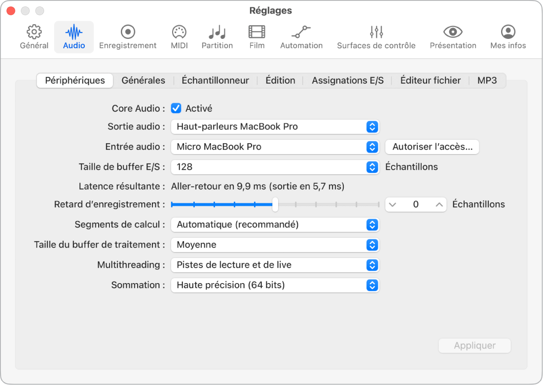 Figure. Réglages des périphériques audio.