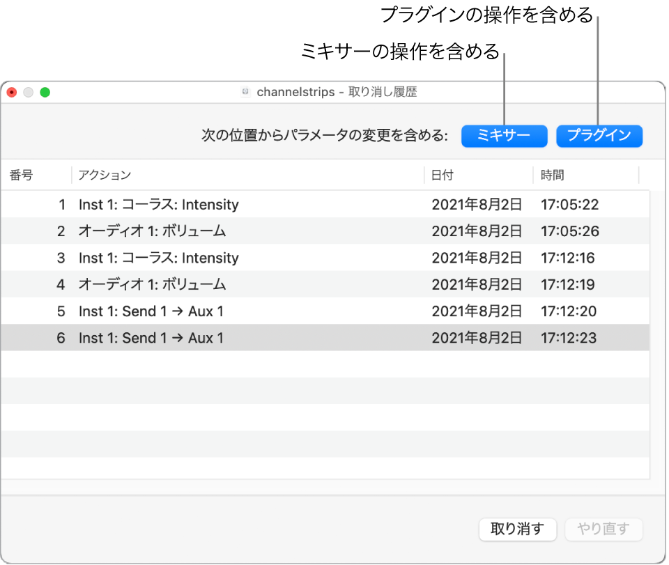 図。アクションを含める対象として「Mixer」と「プラグイン」の両方のボタンがオンになった取り消し履歴。