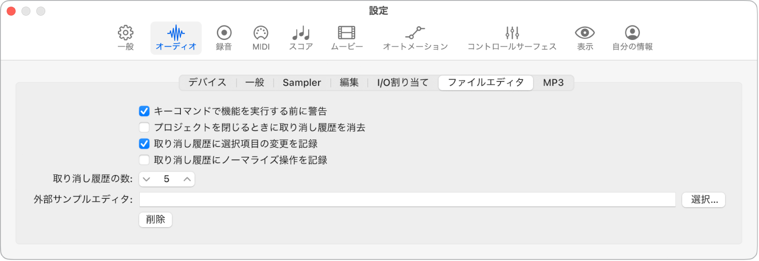 図。「オーディオファイルエディタ」設定。