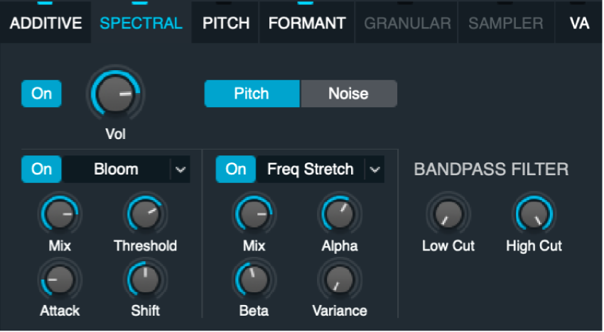 図。スペクトルエレメントエフェクトユニットが表示されているスペクトルエレメントのパラメータ。
