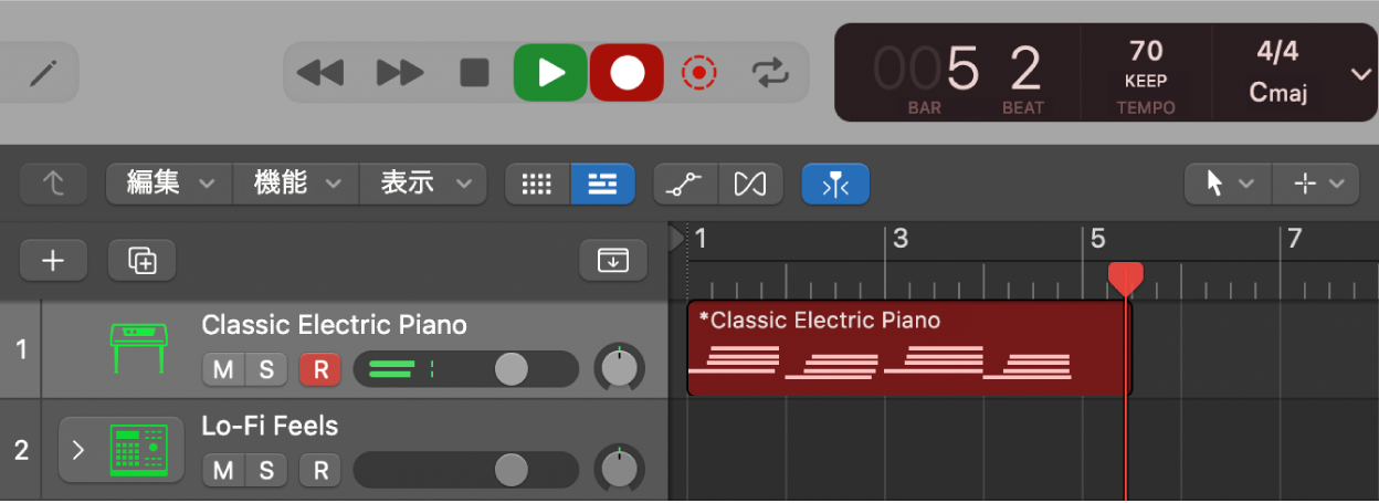 図。録音されたMIDIリージョンはトラック領域で赤色で表示。