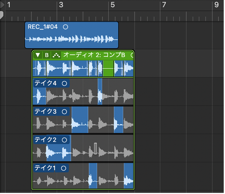 図。Shiftキーを押しながらテイクの選択部分をクリック。