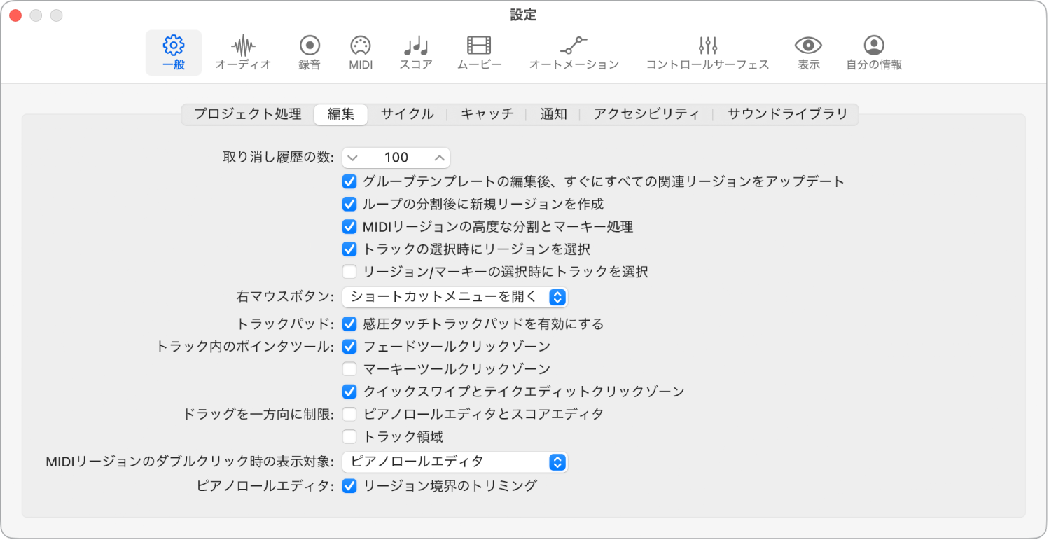 図。「一般」設定の「編集」パネルの「取り消し履歴の数」フィールド。