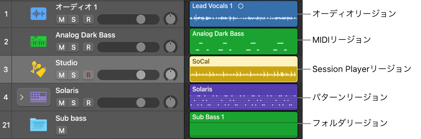 図。リージョンタイプのデフォルトカラー。