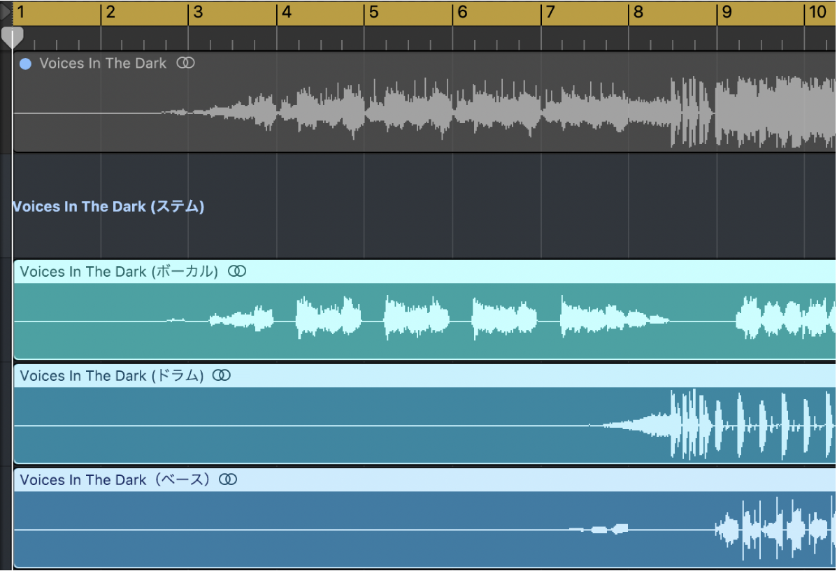 図。Track Stackが表示されたトラック領域。ステムがサブトラックになっています。