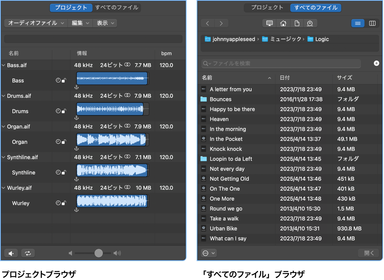 図。プロジェクトオーディオオーディオと「すべてのファイル」ブラウザ。