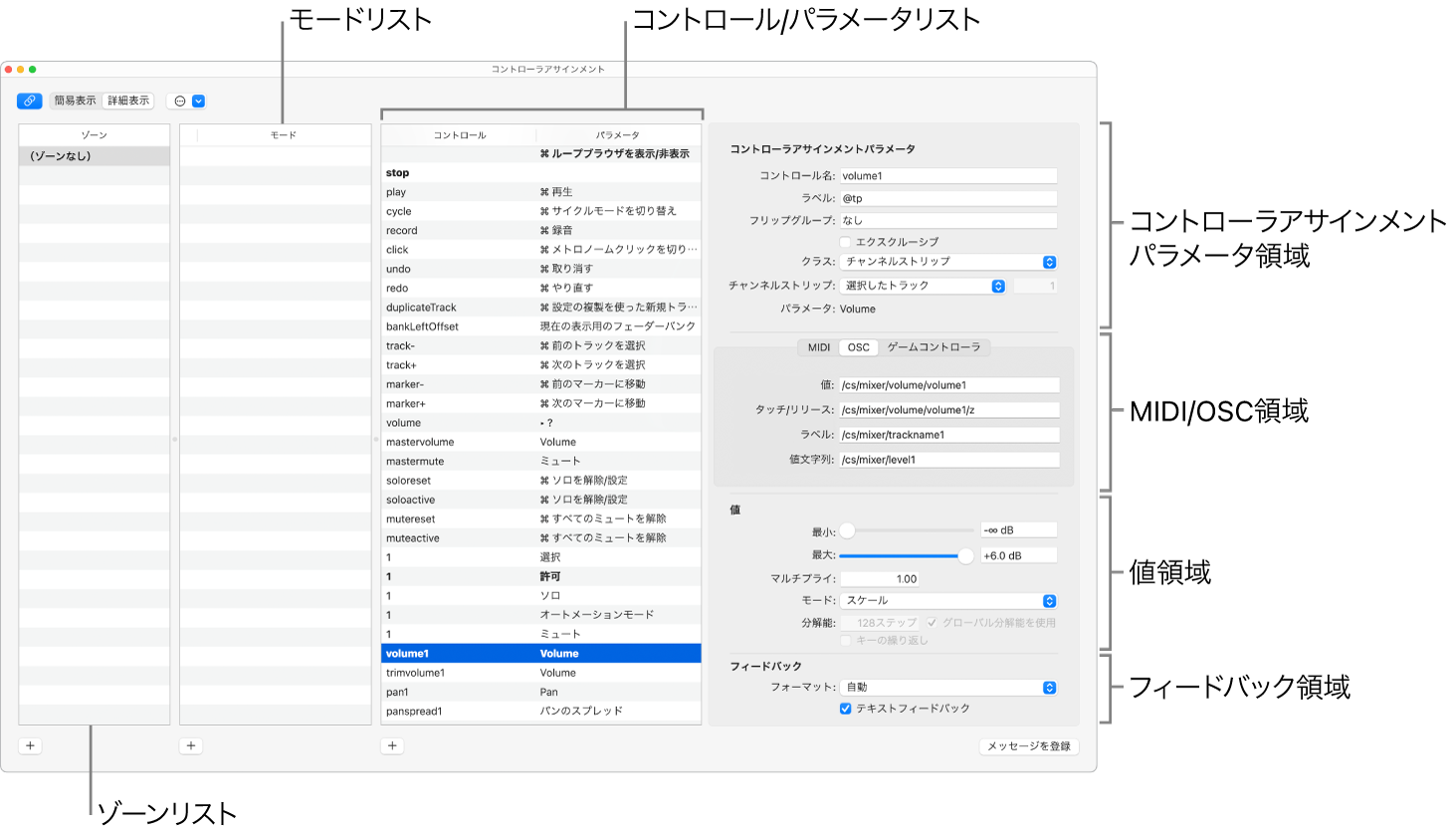 図。詳細表示の「コントローラアサインメント」ウインドウ。