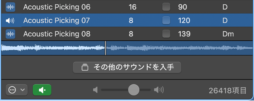 図。ループブラウザのボリュームスライダと「~で再生」ポップアップメニュー。