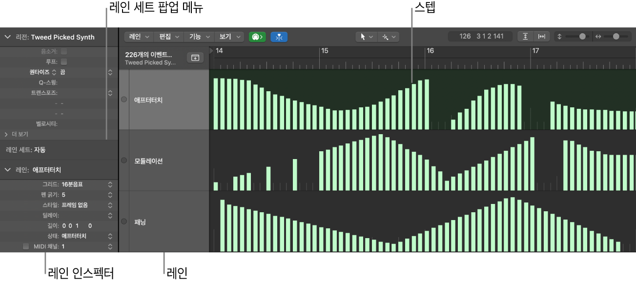 그림. 주요 요소를 표시하는 스텝 편집기 윈도우.