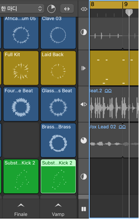 그림. 루프 위치 표시자, 재개 버튼, 트랙 활성화 버튼 및 일시 정지 버튼이 표시된 분리자 열이 보임.