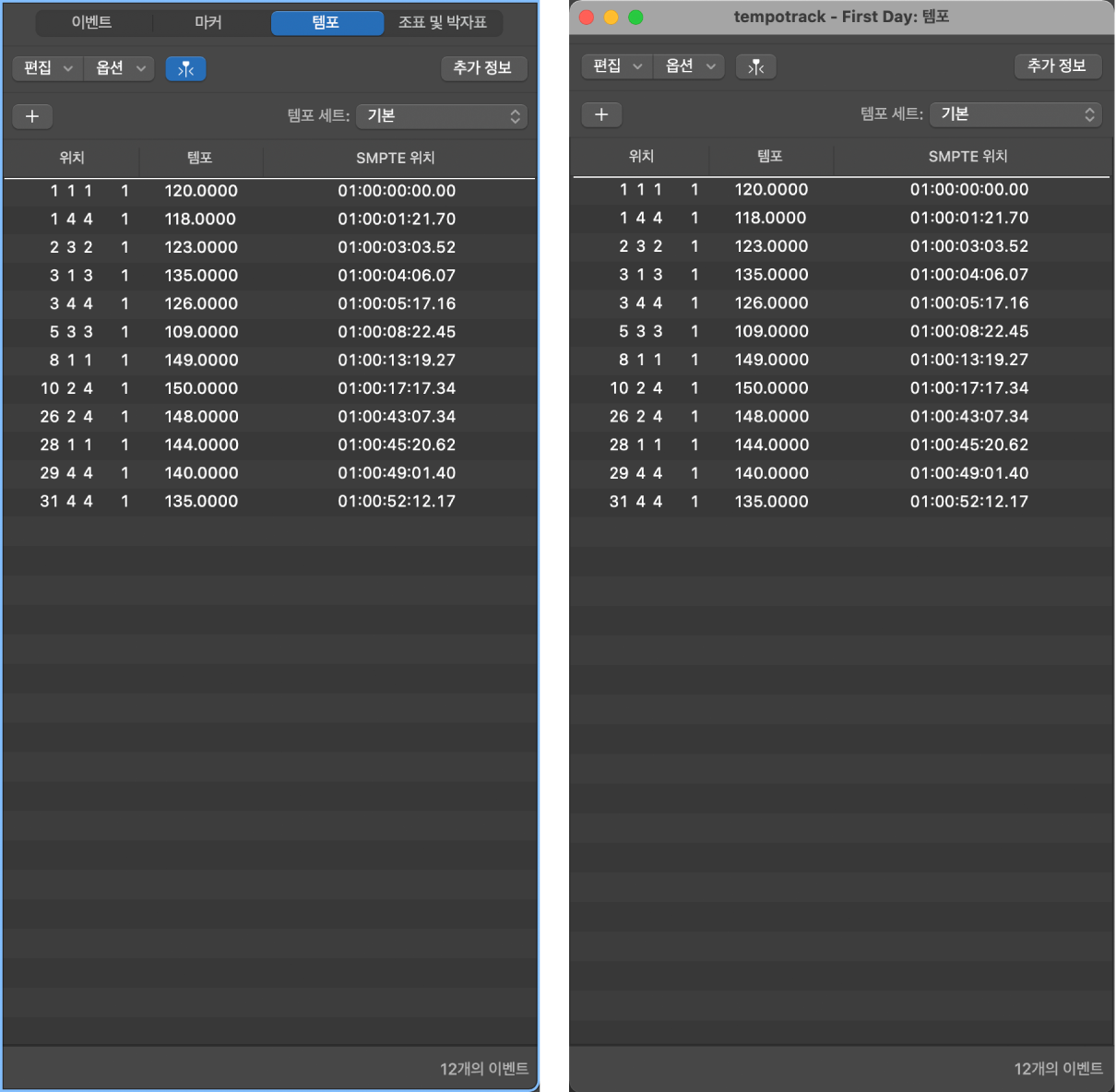 그림. 패널과 윈도우로 나타나는 템포 목록.