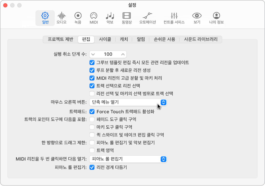 그림. 일반 설정의 편집 패널에서 포인터 도구 체크상자.