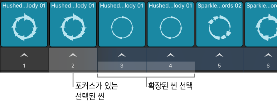 그림. 여러 개의 선택된 씬이 보임.