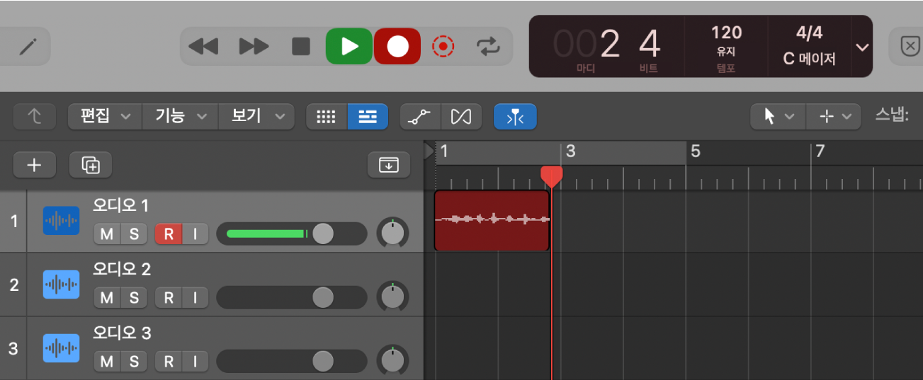 그림. 트랙 영역에서 녹음 중인 오디오 리전.