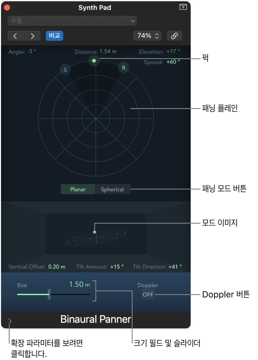 그림. 바이노럴 음향 패닝 윈도우.