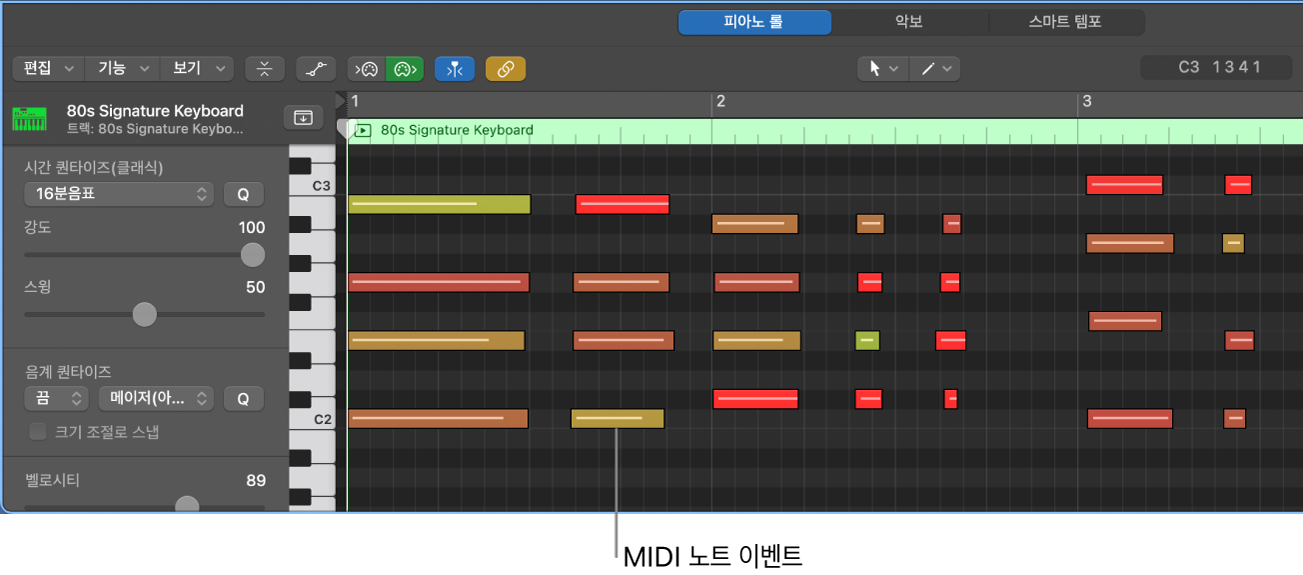 그림. 피아노 롤 편집기, MIDI 노트 이벤트를 가리킴.