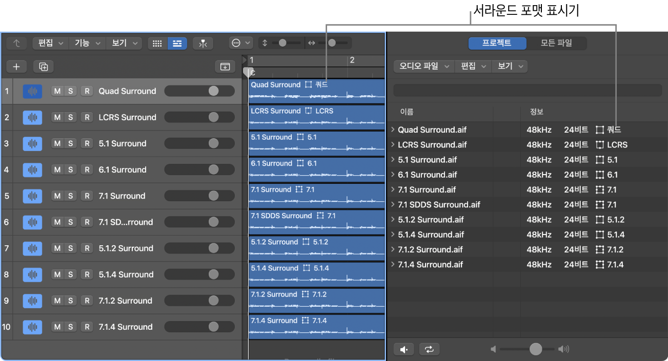 그림. 왼쪽에 보이는 트랙 영역. 리전 헤더에 서라운드 포맷 표시기를 포함한 트랙 레인이 있음. 오른쪽에 보이는 프로젝트 오디오 브라우저. 정보 열에 서라운드 오디오 파일 목록과 해당 서라운드 포맷 표시기가 있음.