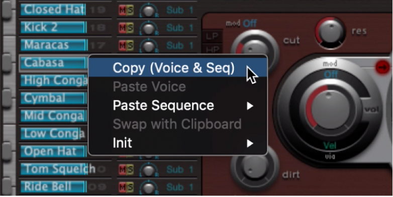 그림. 사운드 이름 단축 메뉴.