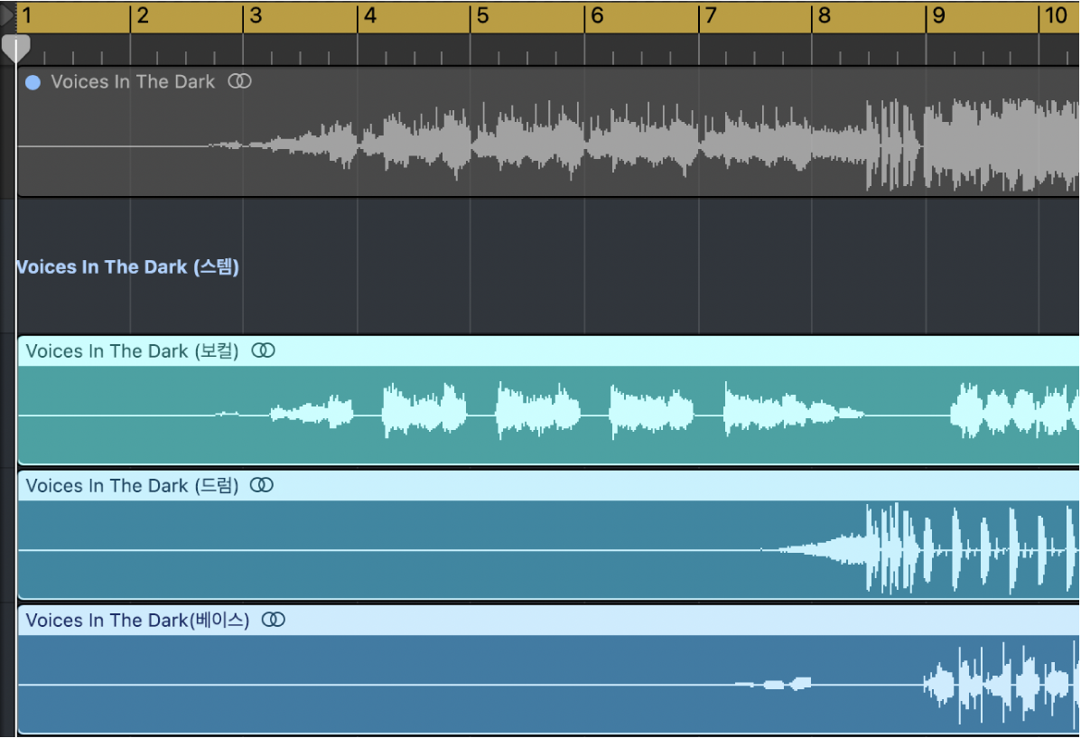 그림. 스템이 서브 트랙으로 있는 Track Stack이 표시된 트랙 영역.