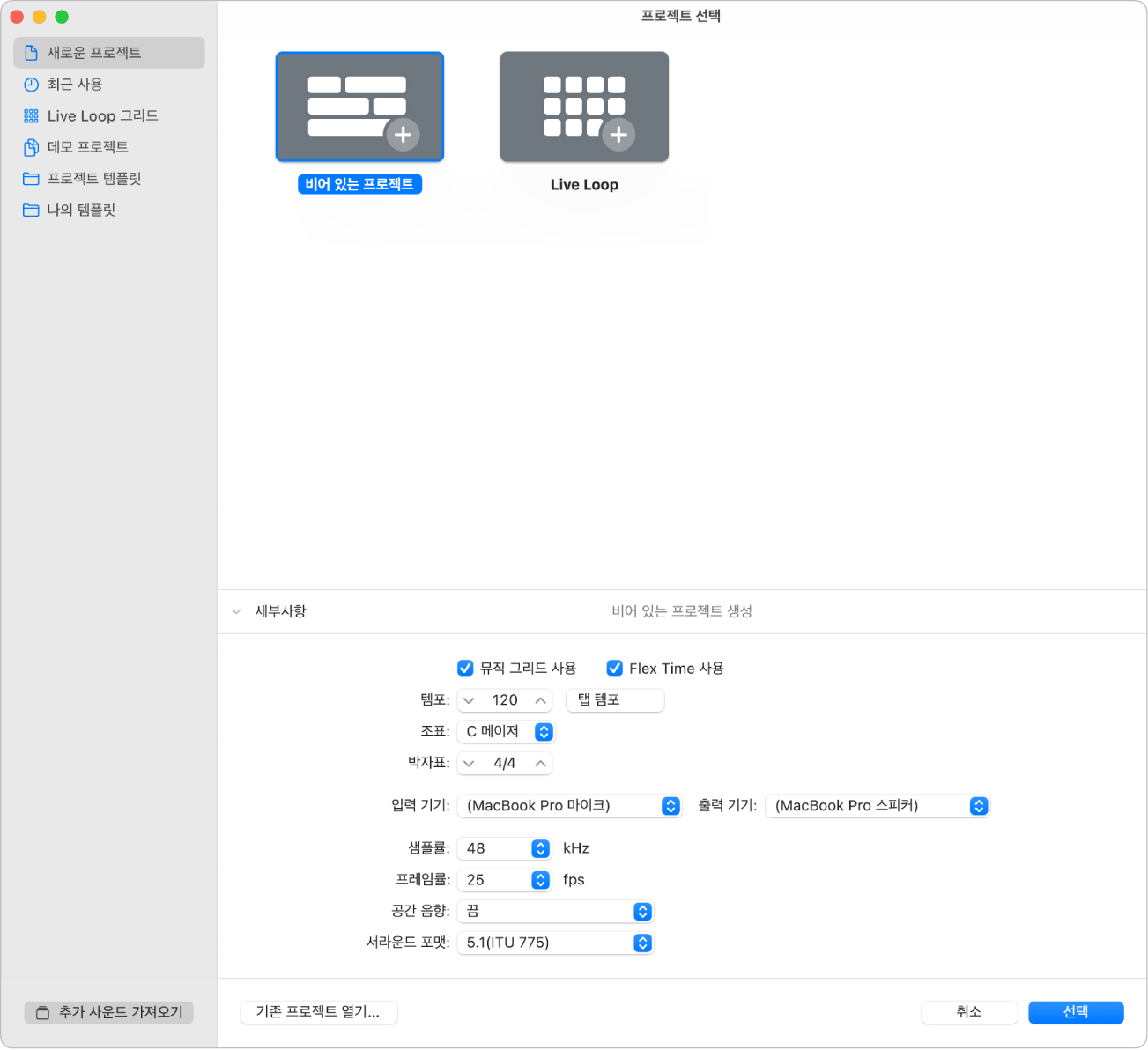 그림. 프로젝트 선택 화면의 아래쪽 절반의 프로젝트 속성 설정에 대한 세부 사항.