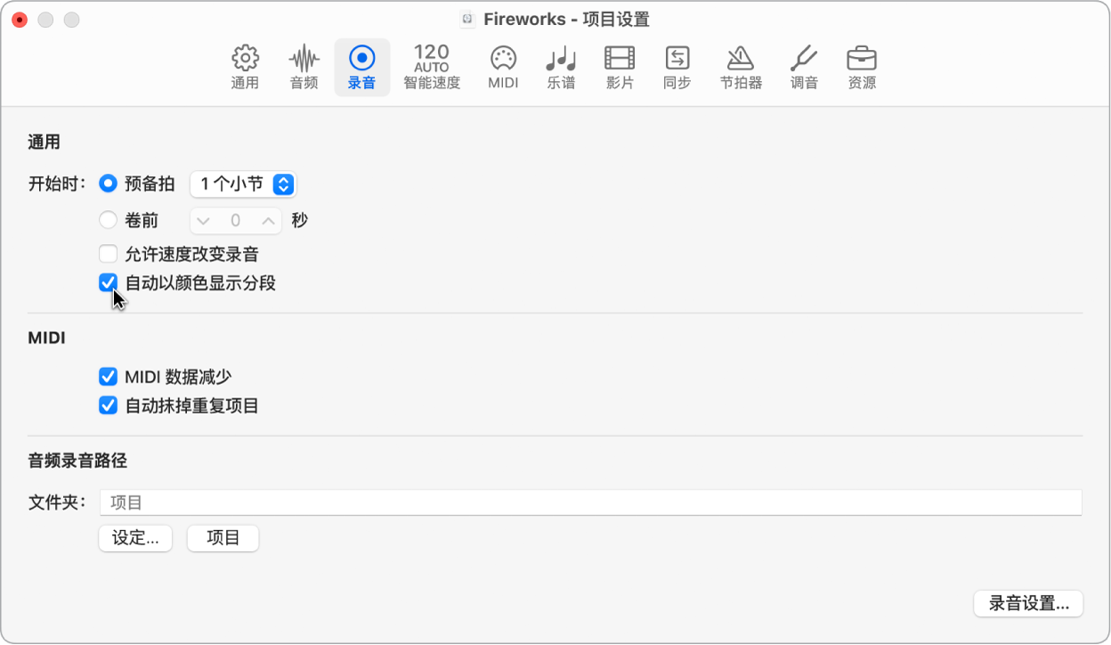 图。选择“录音”项目设置面板中的“自动着色分段”。