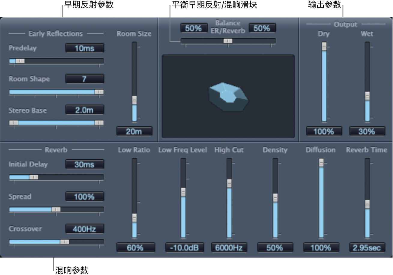 图。显示主参数区域的 PlatinumVerb 窗口。