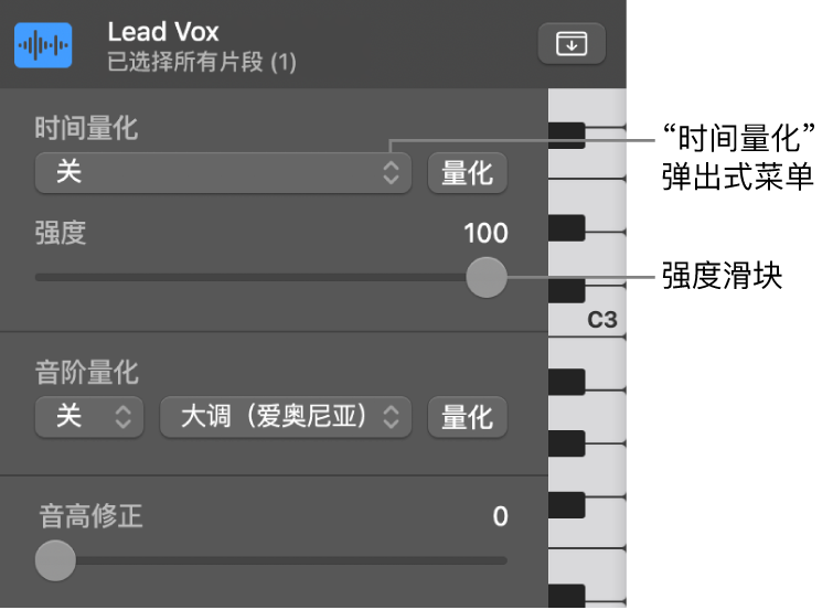 图。“时间量化”弹出式菜单和“强度”滑块。