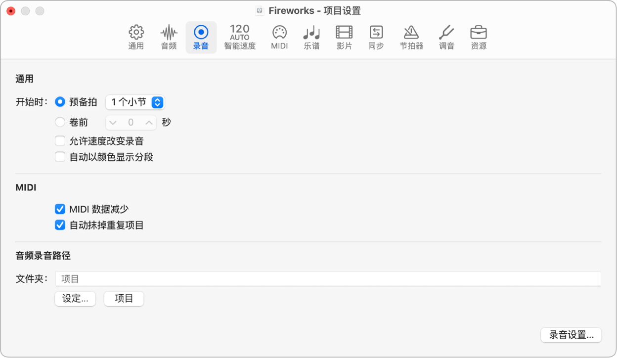 图。“录音”项目设置。