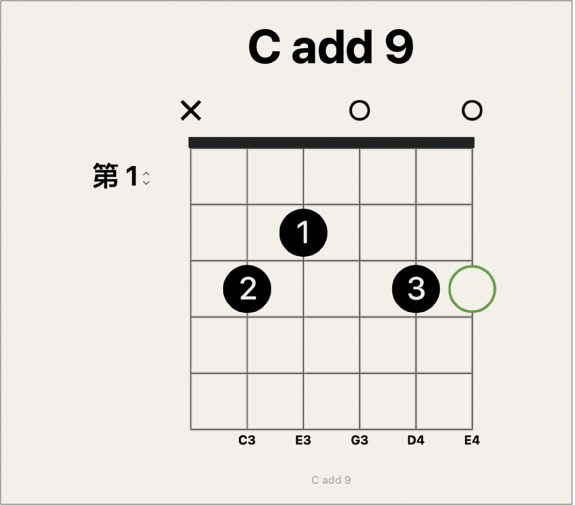 图。和弦网格上的白色可选指法点。
