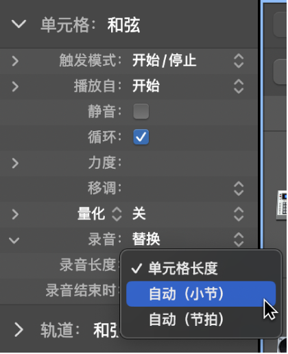 图。单元格检查器中的“录音长度”设置弹出式菜单。