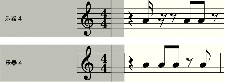 图。乐谱编辑器中“解释”关闭和打开时的对比。