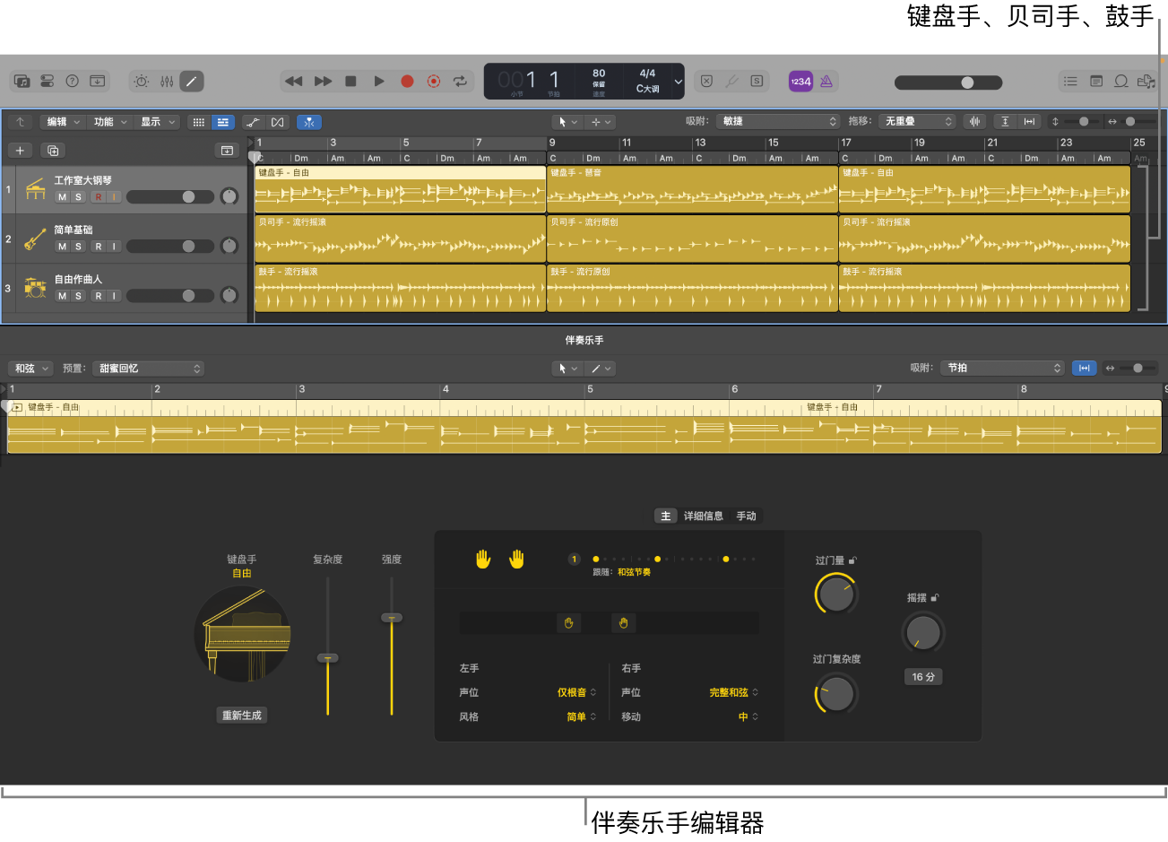 图。轨道区域中的伴奏乐手和伴奏乐手编辑器。