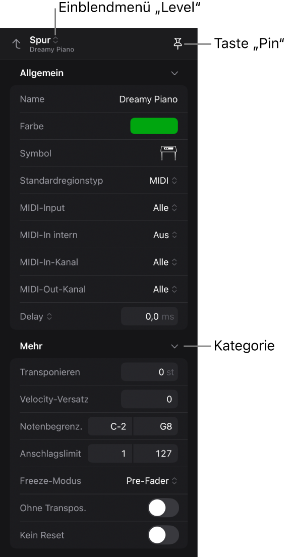 Abbildung. Das Informationsfenster mit Spurparametern, dem Einblendmenü „“ und der Taste „Anpinnen“.