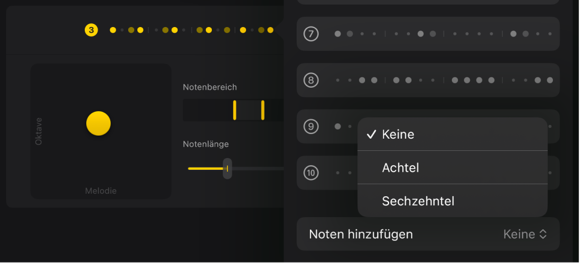 Abbildung. Das Einblendmenü „Noten hinzufügen“ im Fenster „Pattern“ für „Sequenced Bass“.