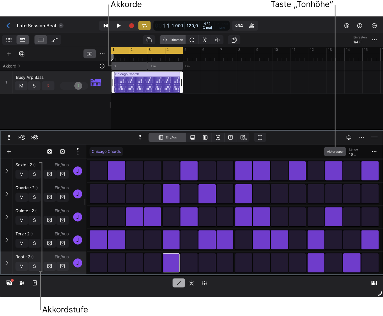 Step Sequencer mit den Zeilen-Headern, die Akkordstufen zeigen.