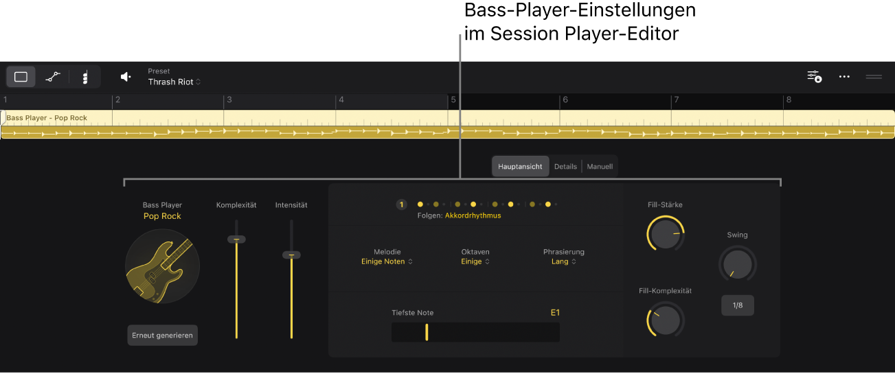 Abbildung. Der Session Player-Editor mit den Bass Player-Einstellungen