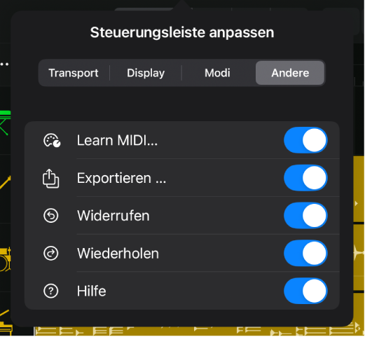 Abbildung. Der Dialog „Steuerungsleiste anpassen“ mit den Schaltern in der Kategorie „Andere“.