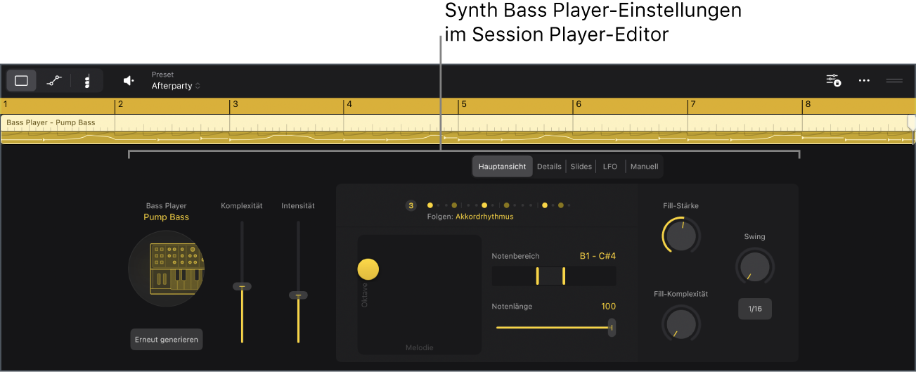 Abbildung. Der Session Player-Editor mit den Pump Bass-Einstellungen.