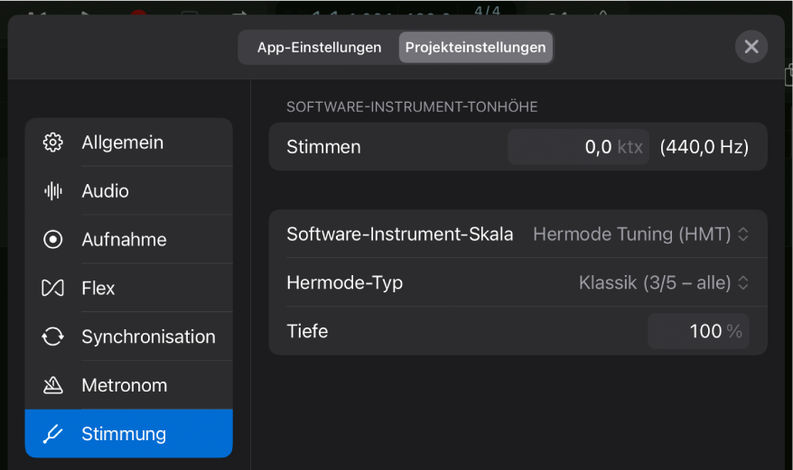 Der Projekteinstellungsbereich „Stimmung“