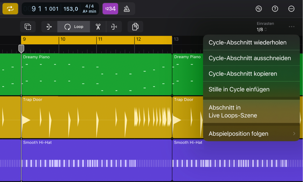 Abbildung. Die Taste „Mehr“ in der Menüleiste des Bereichs „Spuren“ mit der hervorgehobenen Option „Abschnitt in Live Loops kopieren“.