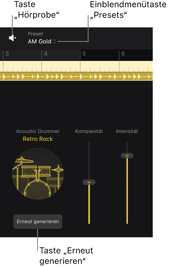 Abbildung. Die Taste „Hörprobe“, das Einblendmenü „Presets“ und die Taste „Erneut generieren“ im Session Player-Editor