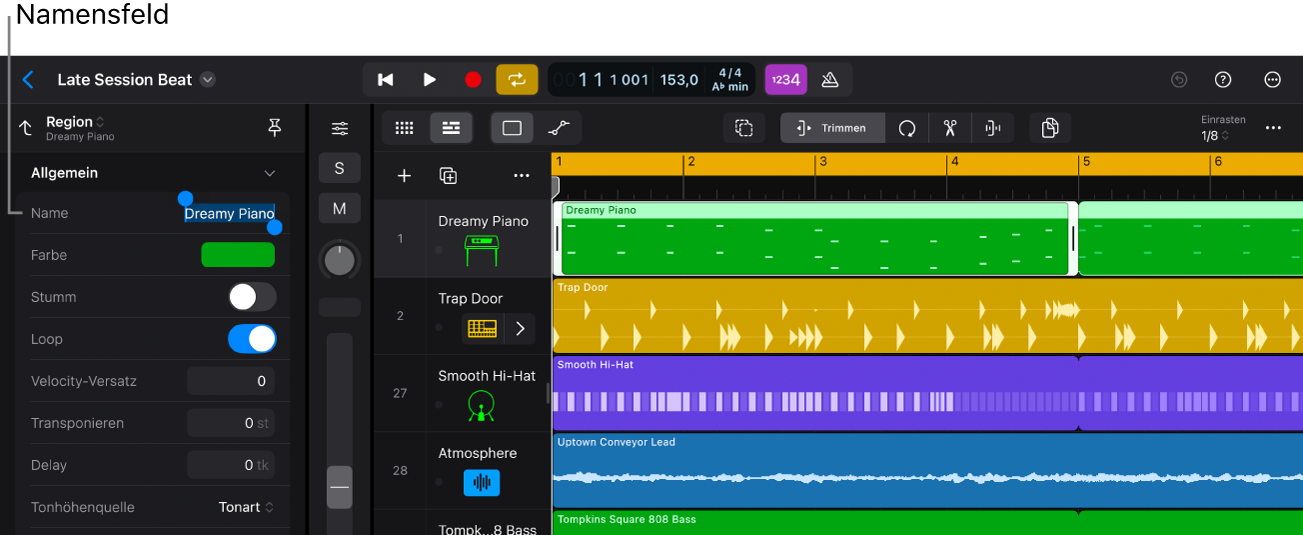 Ausgewählte Region mit dem hervorgehobenen Feld „Region“ im geöffneten Informationsfenster.