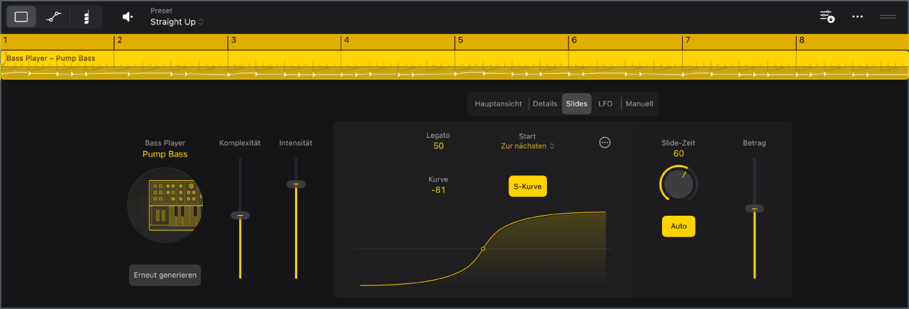 Abbildung. Die Einstellungen „Synth Bass Player“ im Session Player-Editor.